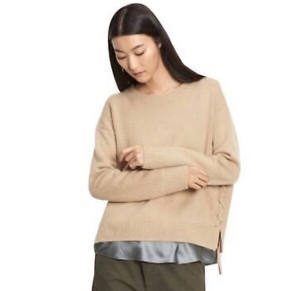 Vince. Vince Camuto 100% cashmere tan laced up side sweater solid Size Small - Picture 4 of 9